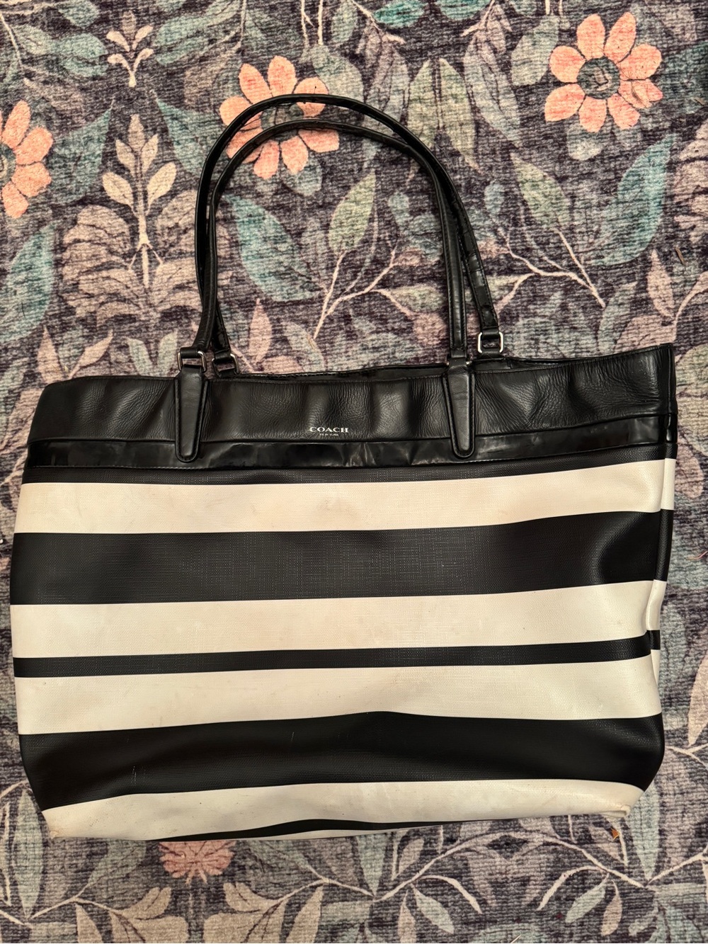 COACH Black and White Striped Leather-Trim Tote
